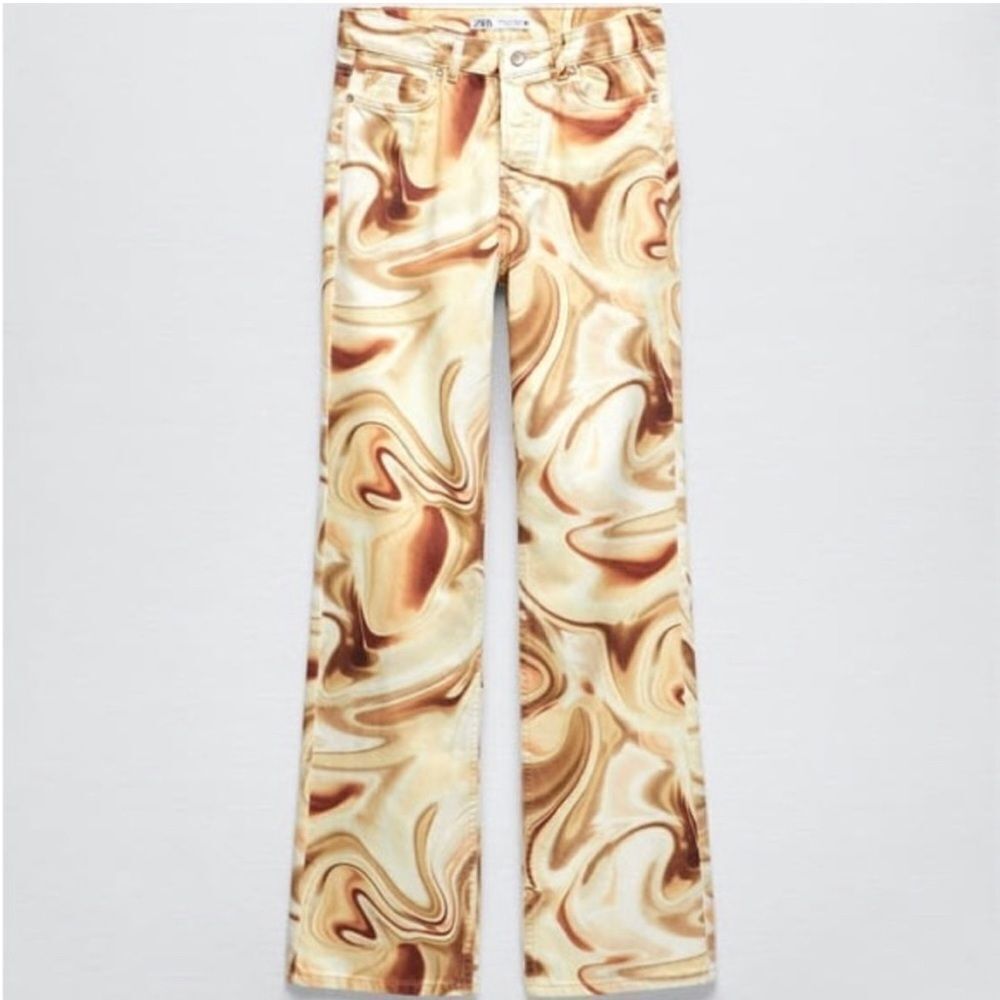 Zara Funky Marbled Flare‎ Jeans Size 26 Cream Brown
